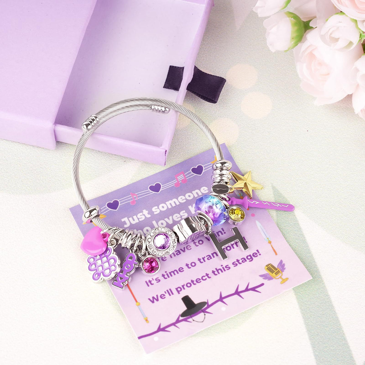 K-Pop Hunter Silver-Tone Charm Bracelet with Purple Sword & KPOP Charms
